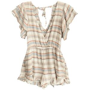 American Eagle Beachy Rainbow Stripe Romper Womens Medium Ruffles Coastal Gauzy